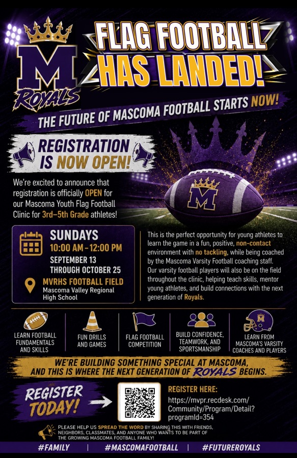 Mascoma Youth Flag Football registration flyer for grades 3 through 5