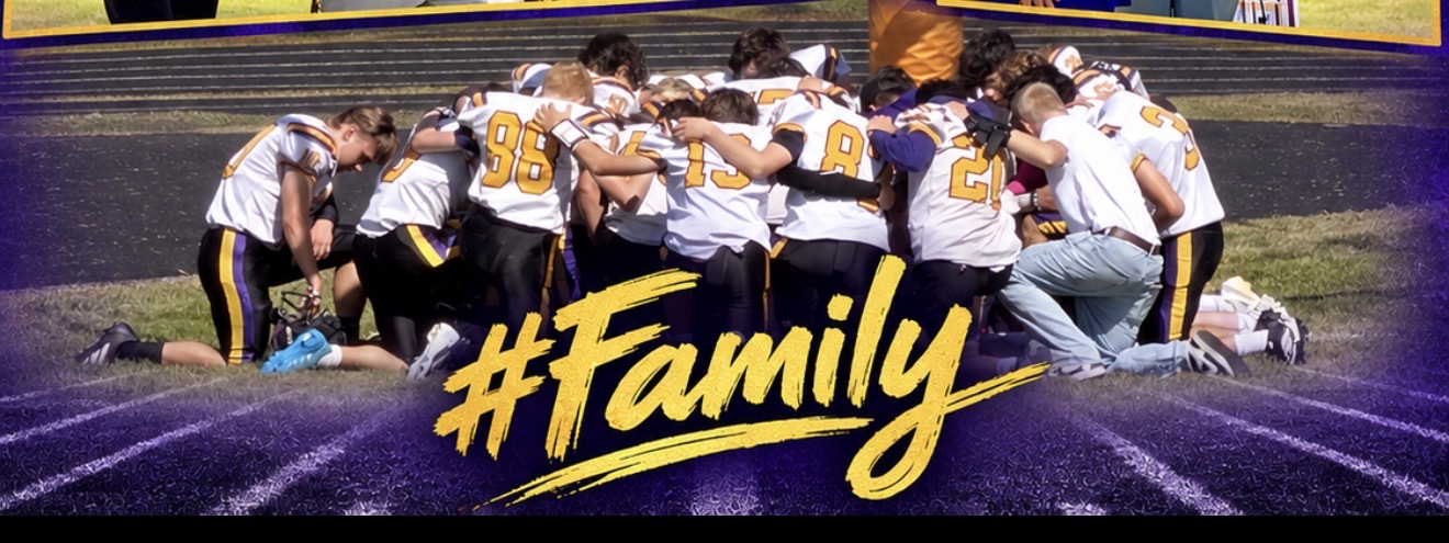 The Mascoma Royals football team kneeling together, with gold #Family lettering across the photo.