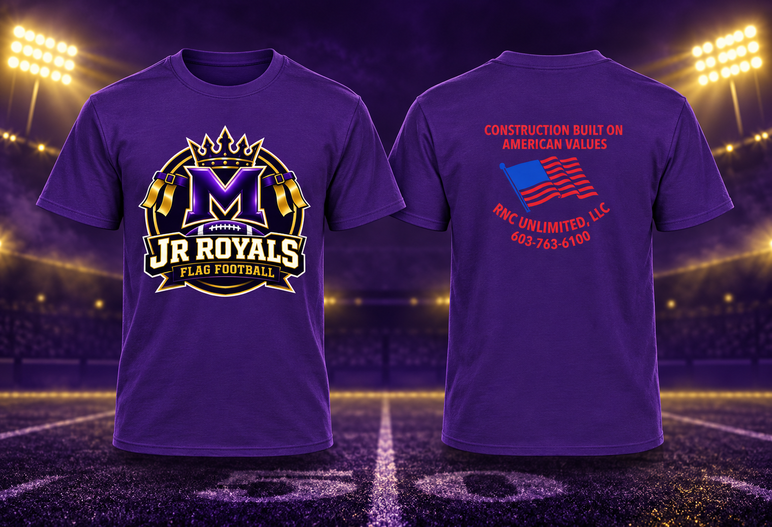 Front and back of the purple Jr Royals Flag Football T-shirts sponsored by RNC Unlimited